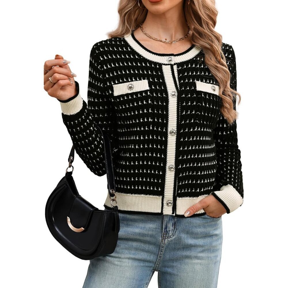 Women's Cotton Tweed Knit Cardigan Medium Open Front Pockets Versatile